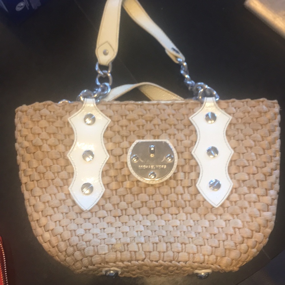 Michael Kora straw and white leather hobo bag